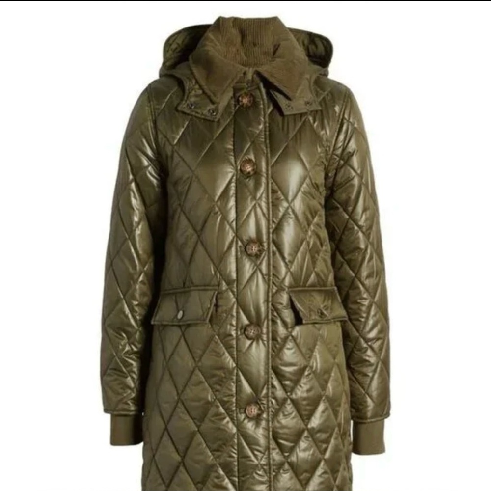 Lucky Brand diamond quilted coat, green jacket removable hood in size XS.